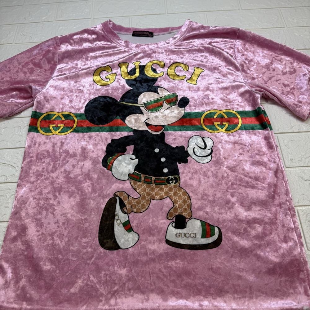 Fashionist Style Velvet Mickey Mouse Top Pink Short Sleeve Disney Graphic Tee M